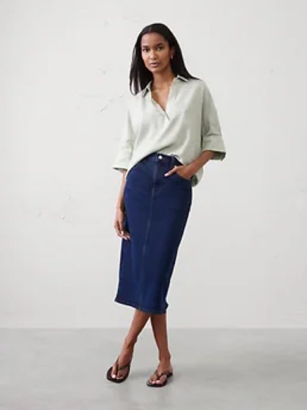 Linen-Blend Striped Drapey Popover Shirt